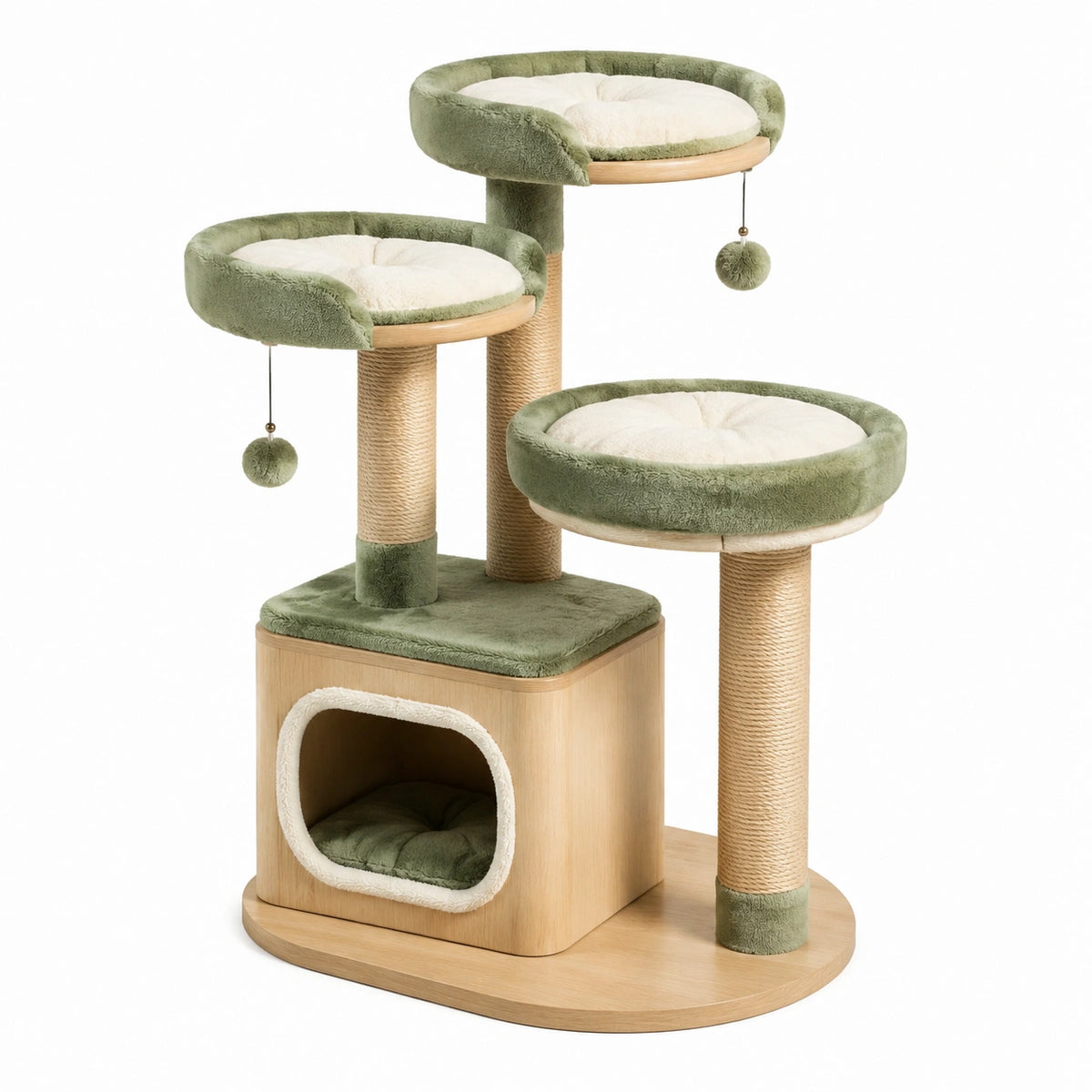 Árbol para gatos de madera con plataformas y casa acolchada verde/beige