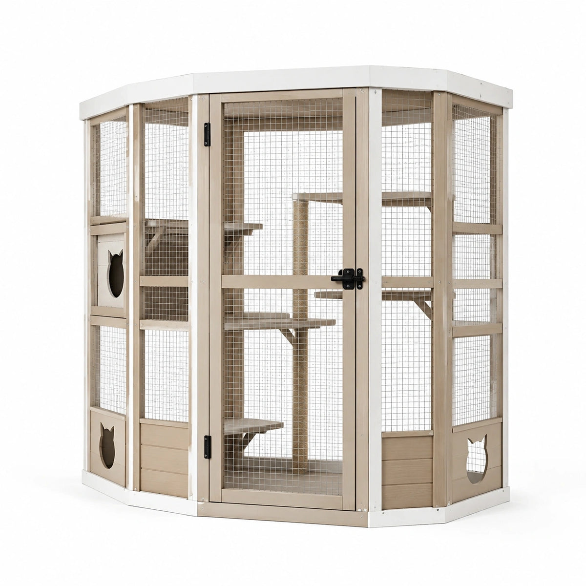 Jaula de madera para gatos con malla metálica galvanizada beige