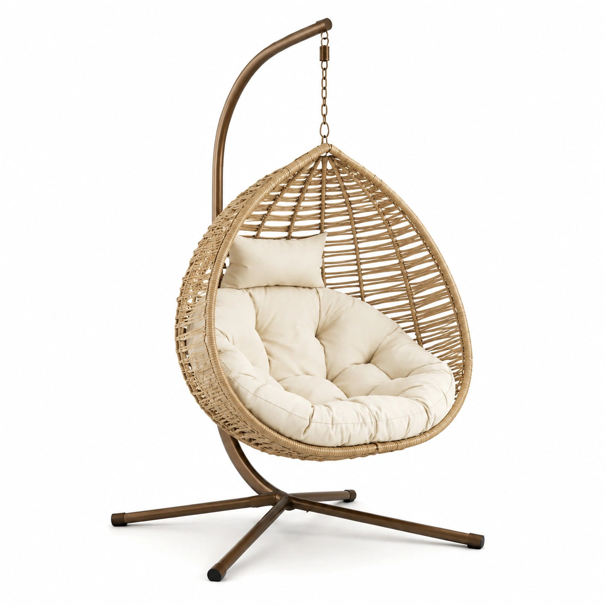 Sillón colgante de ratán con cojín beige para exterior