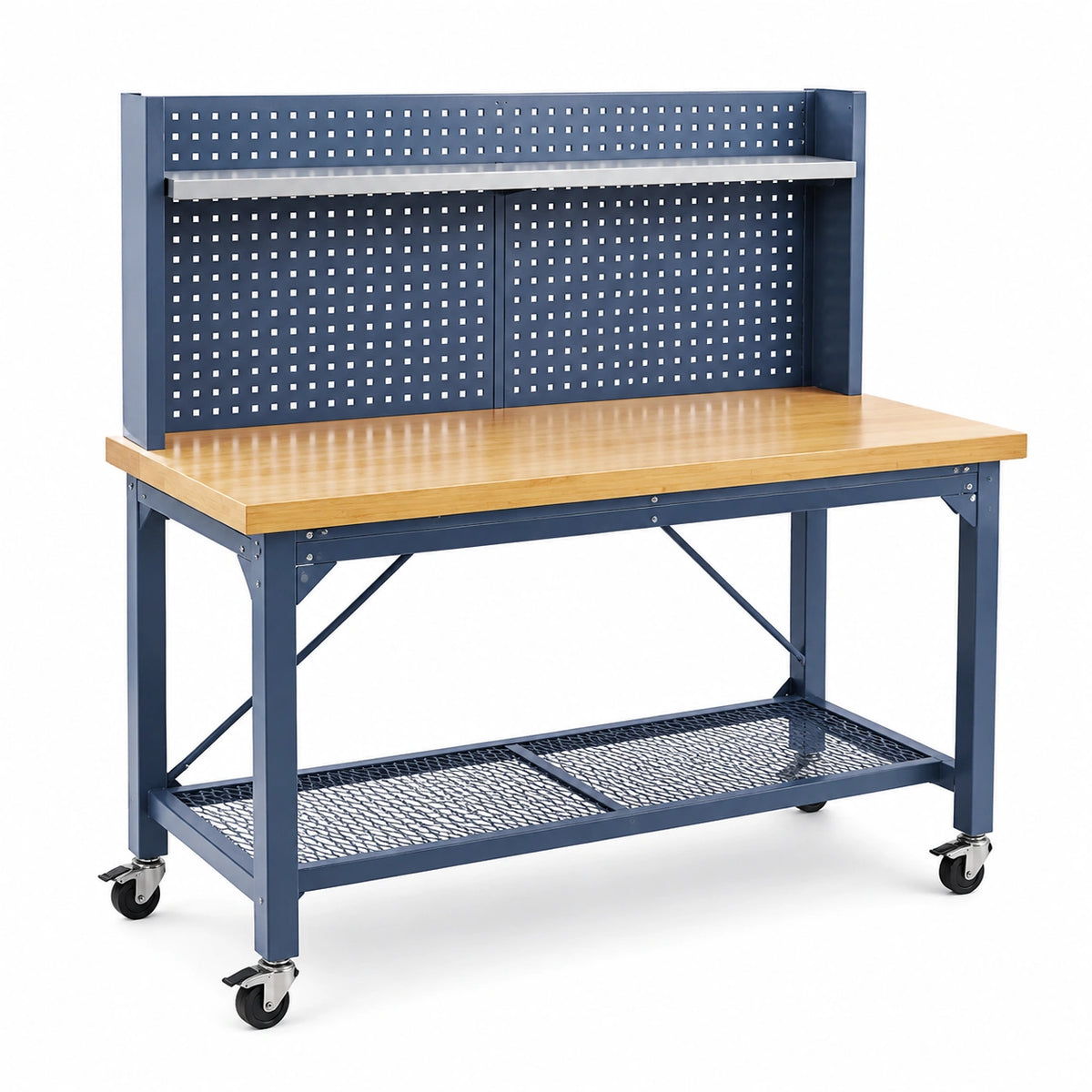 Banco de trabajo de metal con superficie de madera laminada y estante perforado, 150x60x90 cm, azul