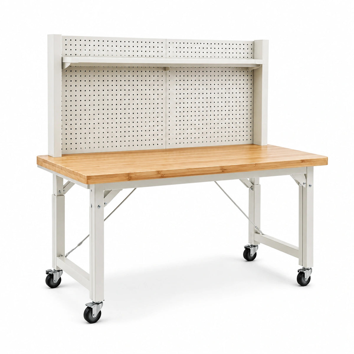Mesa de trabajo móvil de bambú y acero con panel perforado