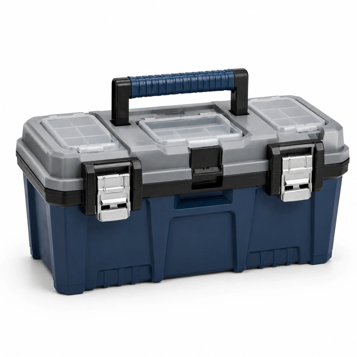 Caja de herramientas azul de plástico ABS con compartimentos transparentes