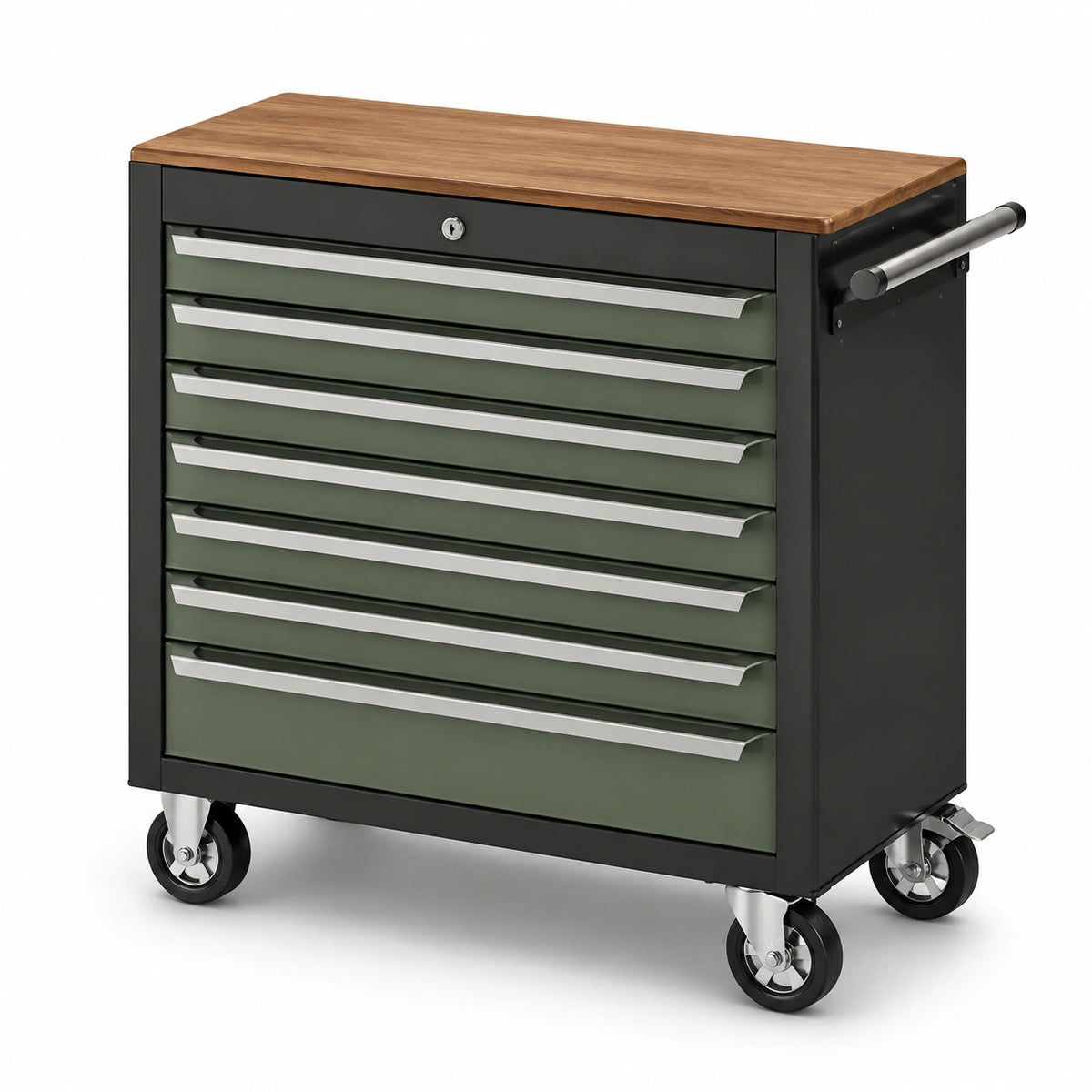 Carro de herramientas de metal con tapa de madera y 6 cajones, verde/negro
