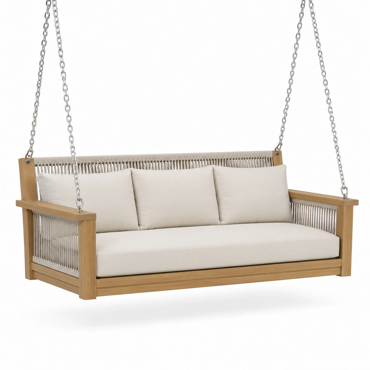 Columpio de madera con cojines de tejido beige