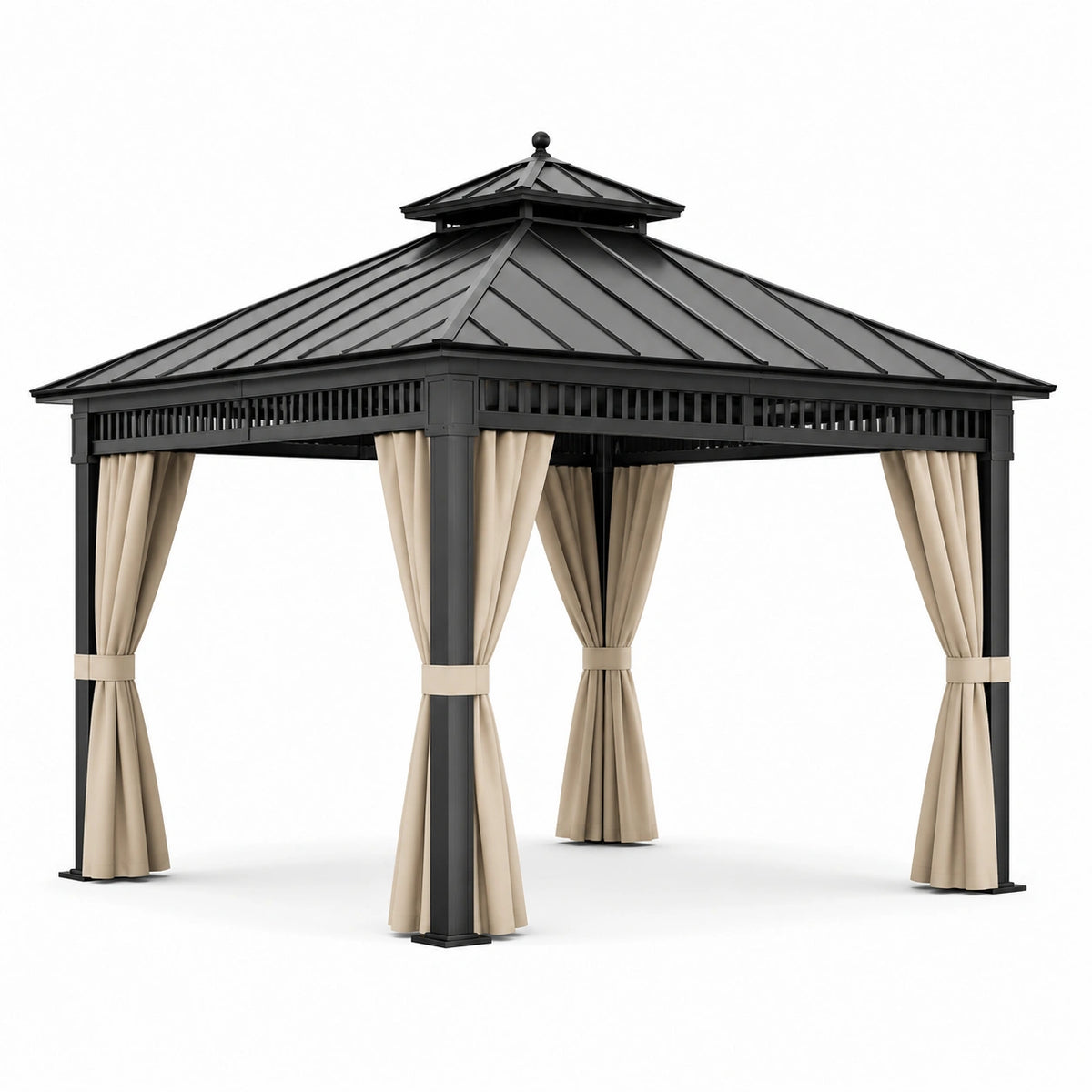 Pérgola de Aluminio con Techo de Acero Galvanizado y Cortinas de Poliéster, 3x4 m, Negro/Beige